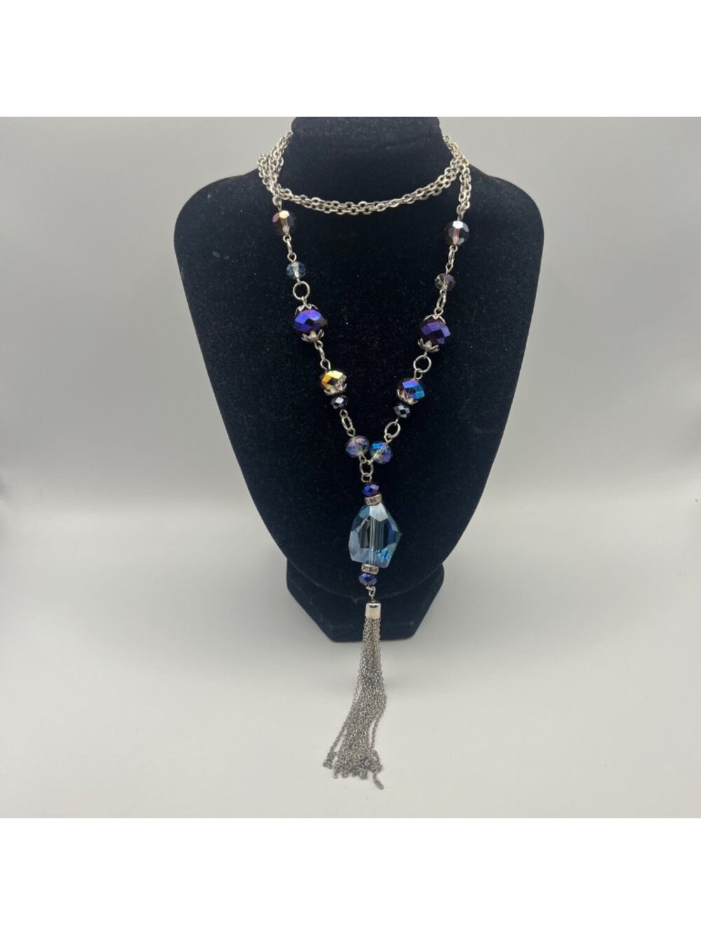 Ali-Khan New York Crystal Tassel Necklace Blue AB Glass Beads 30-33" Silver Tone
